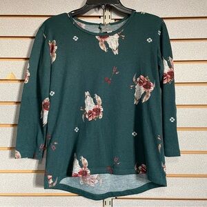 Jody California Small Green‎ Bull Steer Head Long Sleeve Shirt Flowers
